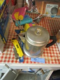 VINTAGE COFFEE POT MADE INTO CANDLE HOLDER, PLASTIC WALK MATES, AND ETC