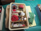 SEWING ITEMS, HANGING STORAGE, CROCHETED DOILIES, ETC