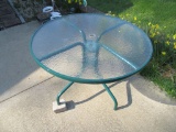 GLASS TOP OUTDOOR TABLE AND 3 CHAIRS WITH CUSHIONS