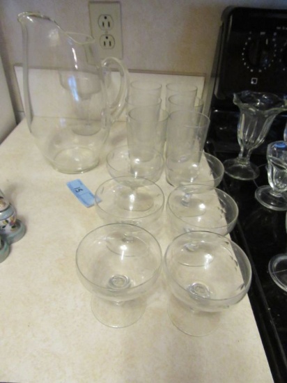 GLASS PITCHER WITH ETCHED GLASSES AND STEMWARE