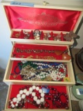 JEWELRY BOX WITH COSTUME JEWELRY NECKLACES, EARRINGS, AND ETC