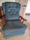 BLUE RECLINER WITH OAK FRAME. HANDLE HAS BEEN REPAIRED
