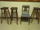 3 WOODEN STOOLS AND DESK CHAIR