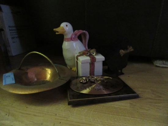 DECORATIVE PIECES INCLUDING COPPER BASKET, CERAMIC TRINKET BOX, AND DUCK PI