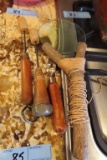 ICE PICKS, CAN OPENER, AND MAGNIFYING GLASS WITH WOODEN HANDLE