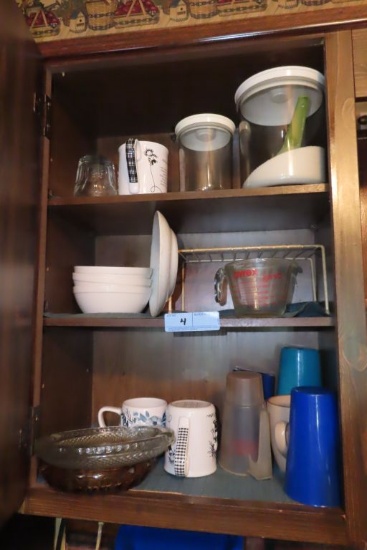 PYREX MEASURING CUP. PLASTIC CUPS. GIBSON BOWLS AND ETC IN CABINET
