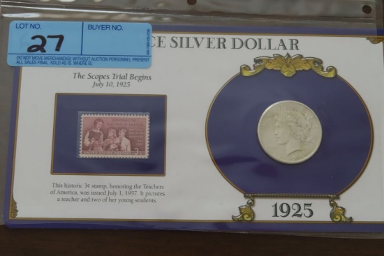 1925 PEACE SILVER DOLLAR WITH STAMP POSTCARD