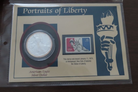 PORTRAITS OF LIBERTY 1998 AMERICAN EAGLE SILVER DOLLAR WITH STAMP POSTCARD