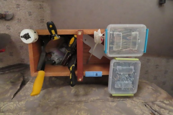 VARIETY OF HARDWARE IN WOODEN BOX, HOLE SAW, ETC