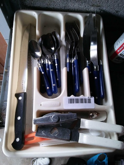stainless steel flatware. Can opener. Knife and flatware holder