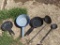 Granite ware pans with cast iron ladle, metal ladle, and number 39 pan.