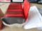 lot of red and black serving trays made by choice. includes clear tote. tote does not have lid.