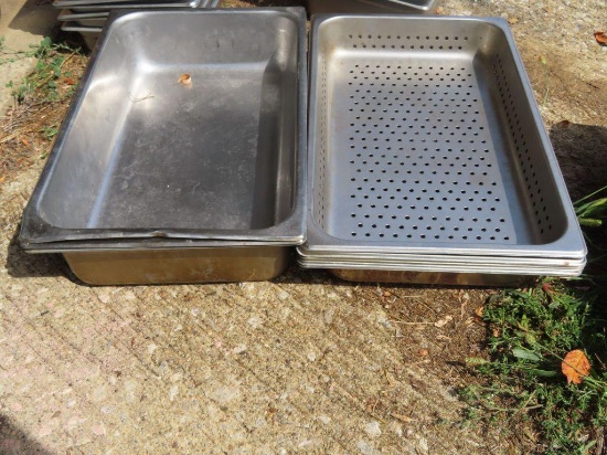 lot of three 4-in deep stainless steel full pans. five 3-in deep stainless steel full pans. one