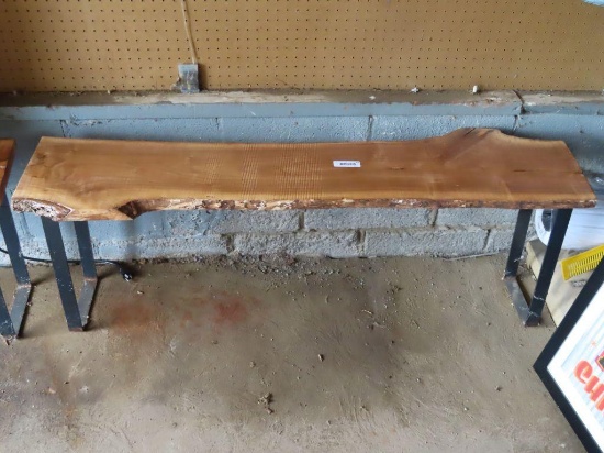 rough cut, rustic style wooden and metal bench. approximately 53-1/4 in Long by 13-1/2 in wide at