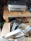 lot of eight commercial stainless steel chafing dishes. all of these have folding bottoms.
