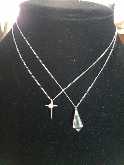 cross pendant no marking with clear gemstone on sterling necklace. holographic bead on sterling