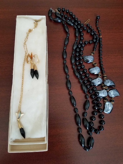black gemstone dangle earrings and necklace set by Emmonds and other decorative beaded necklaces