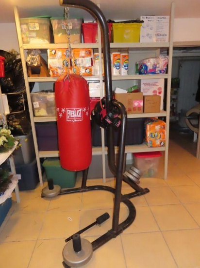 Everlast boxing bag with accessories and weighted stand. in basement. bring help for removal