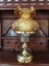 Amber poppy glass fluted top lamp shade on electrified oil lamp