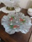 strawberry painted frosted glass scalloped edge serving tray with metal center handle (Fenton)