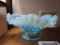 Fenton blue frosted scalloped edge hobnail pedestal dish. bottom has chip.