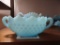 Fenton blue frosted hobnail double handle dish