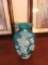 Fenton hand painted floral on teal glass vase made for Gallery Originals Cincinnati Art Museum 1984