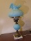 blue frosted floral electrified oil lamp with marble base (Fenton). matches 487