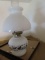 Currier and Ives milk glass oil lamp with hobnail shade
