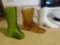 Fenton milk glass and amber colored boot and other green glass boot