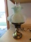 pale bluish green frosted glass leaf shade on brass electrified oil lamp (Fenton)