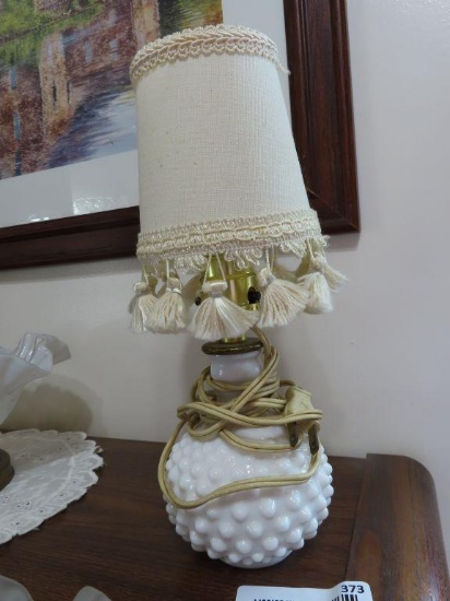 pair of hobnail milk glass lamps