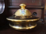 Bohemian amber glass gold overlay and floral design covered dish