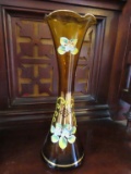 Bohemian gold overlay floral painted amber glass vase by Enesco Japan
