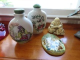 small Oriental containers, pendant, and Buddha statue