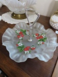 strawberry painted frosted glass scalloped edge serving tray with metal center handle (Fenton)