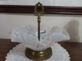clear and frosted glass scalloped edged brass base and center handle centerpiece dish (Fenton)