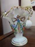 frosted glass floral painted gold rimmed scalloped edged small vase (Fenton)