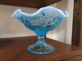blue floral frosted scalloped edge pedestal dish (Fenton)