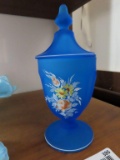 Westmoreland Glass blue floral painted covered pedestal dish