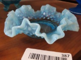 blue hobnail frosted, scalloped edge dish (Fenton)