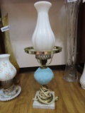 blue frosted floral and milk glass electrified oil lamp with marble base (Fenton)