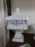 Westmoreland glass milk glass floral painted square pedestal dish with lid