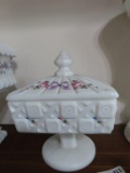 Westmoreland Glass authentic milk glass floral painted square pedestal dish with lid