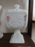 Westmoreland Glass milk glass grape leaf design floral painted square pedestal dish with lid. lid