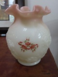Fenton hand-painted white glass with pink fluted edge vase