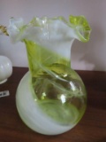 yellow and white frosted swirled fluted edge vase