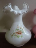 Fenton hand-painted floral white fluted edge vase