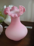 pink frosted glass fluted edge vase (Fenton)