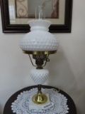 milk glass hobnail electrified oil lamp on marble base